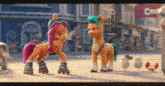 a couple of ponies are standing on a sidewalk in front of a building that says craft