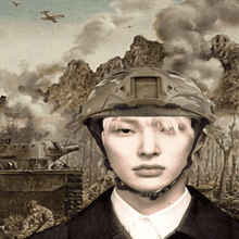 a man wearing a military helmet with the number 50 on it