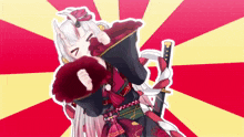 a cartoon of a girl with horns holding a sword and a bucket of food .