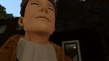 a close up of a man 's face with a brick wall in the background