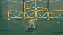 a video game character is standing in front of a wall with the letter m written on it