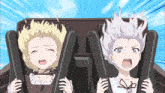 two anime girls are riding a roller coaster with their mouths wide open