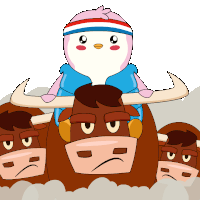 a cartoon of a penguin riding on the back of a brown bull