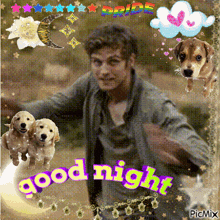 a picture of a man with two puppies and the words good night on the bottom