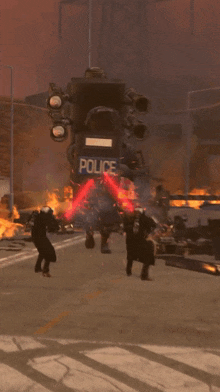 a robot holding a police shield is being attacked