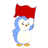 a blue and white penguin is holding a red flag above its head