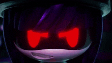 a close up of a cartoon character wearing a mask with red lights coming out of it 's eyes .