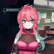 a girl with pink hair is standing in front of a green board that says @hibiscoito on it