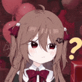 a girl with red eyes and a question mark on her head