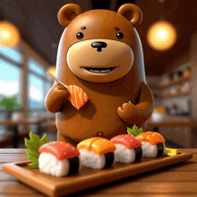 a cartoon bear is holding chopsticks over a tray of sushi on a table