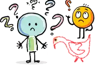 a cartoon drawing of a person with a sad face and a chicken with question marks around them