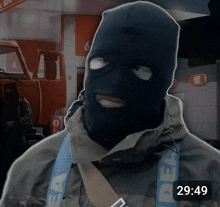 a man wearing a ski mask and a jacket with a blue strap that says dea