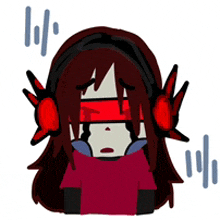 a cartoon of a girl wearing headphones and a red blindfold