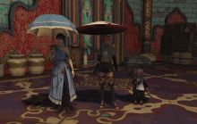 a group of people holding umbrellas in a room with a red wall