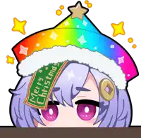 a girl with purple hair wearing a rainbow hat with a merry christmas sign on it