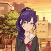 a girl with purple hair and blue eyes is standing in front of a sign that says " no smoking "