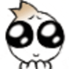 a cartoon character with big black eyes and a crown on his head is looking at the camera .