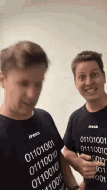 two men are standing next to each other wearing t-shirts with numbers on them .
