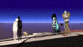 a computer generated image of a group of people standing on a ledge overlooking the ocean