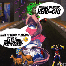 a cartoon scene with a speech bubble that reads facing danger head-on