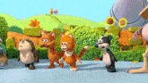 a group of cartoon animals are standing in a line