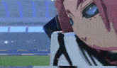 a close up of a person 's face in a video game with a stadium in the background .