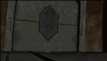 a dark room with a hole in the wall and a person coming out of it