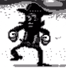 a pixel art of a man in a cowboy hat holding a gun in his hand .