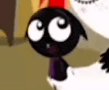 a close up of a cartoon character with big eyes and a red hat on .