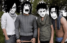 a group of men with anime faces on their faces