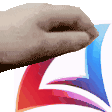 a close up of a person 's hand holding a piece of paper in front of a logo .