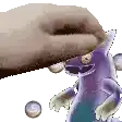 a person is petting a purple cat with sunglasses on a white background .