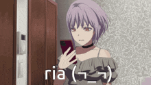 a girl with purple hair is holding a cell phone and the word ria is on the bottom of the picture