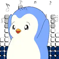 a blue and white penguin is standing in front of musical notes