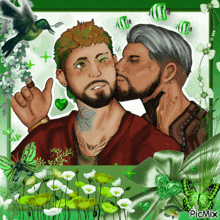a picture of a man kissing another man on the cheek with flowers and butterflies around them