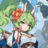 a cartoon character with green hair and flowers in her hair