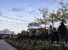 a group of people are sitting at tables outside in a garden