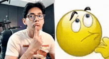 a man wearing glasses is making a face next to a cartoon smiley face .