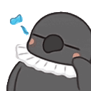 a cartoon penguin is wearing a white collar and covering its face .