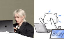 a picture of a man using an apple laptop next to a picture of a cat with a laptop that says busy