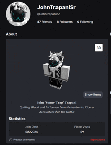 a screenshot of johntrapanisr 's profile with a 3d item