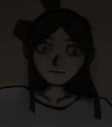 a drawing of a girl with long hair and a ponytail in a dark room .