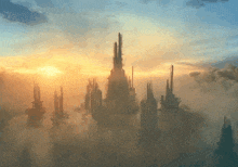 a painting of a city in the clouds with a sunset in the background