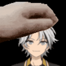 a pixel art of a person 's head with a hand on it .