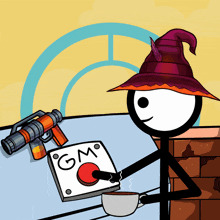 a stick figure is holding a cup of coffee next to a gm button