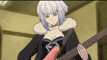 a woman with white hair is playing a guitar