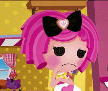 a cartoon character with pink hair and a heart on her bow