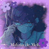 a drawing of a girl with the name mafuyu de meli on it
