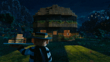 a cartoon character wearing a mask and cowboy hat stands in front of a house