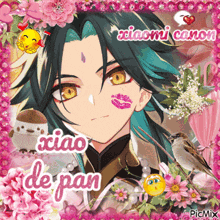 a picture of xiao de pan with flowers and birds around him